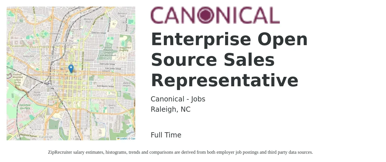 Canonical - Jobs job posting for a Enterprise Open Source Sales Representative in Raleigh, NC with a salary of $52,000 to $90,400 Yearly with a map of Raleigh location.