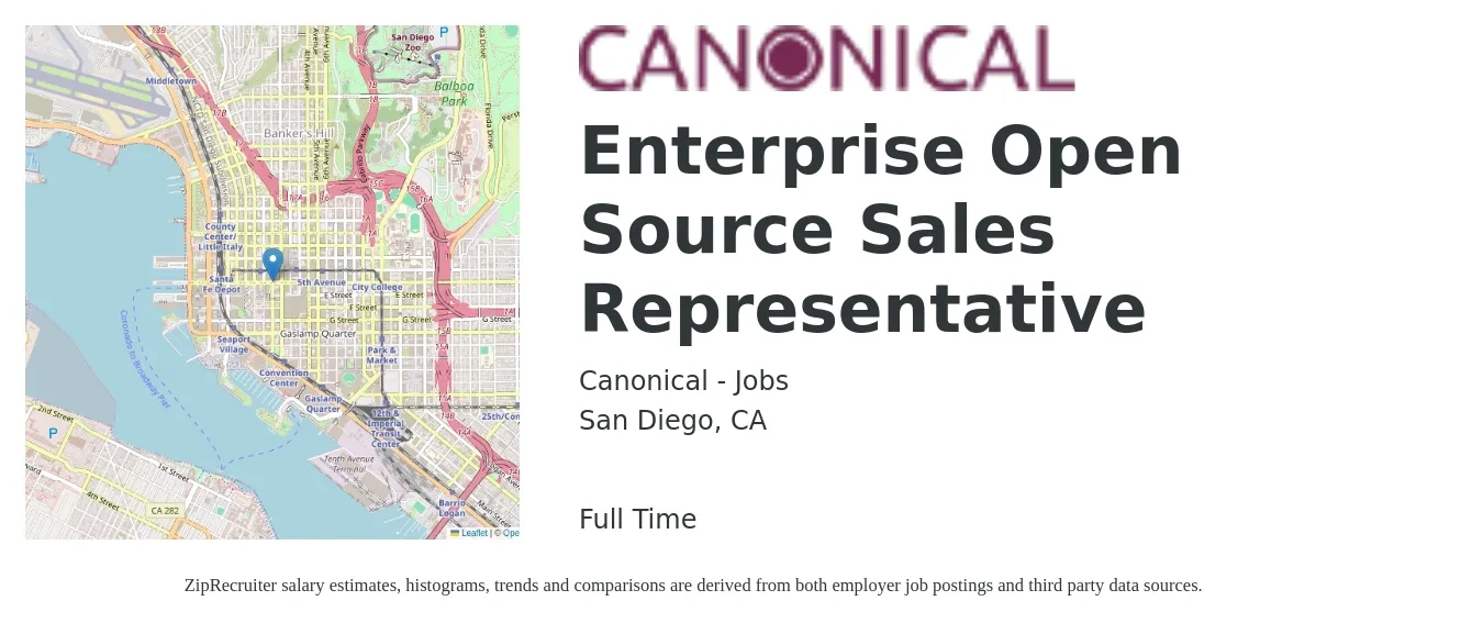 Canonical - Jobs job posting for a Enterprise Open Source Sales Representative in San Diego, CA with a salary of $56,800 to $98,700 Yearly with a map of San Diego location.