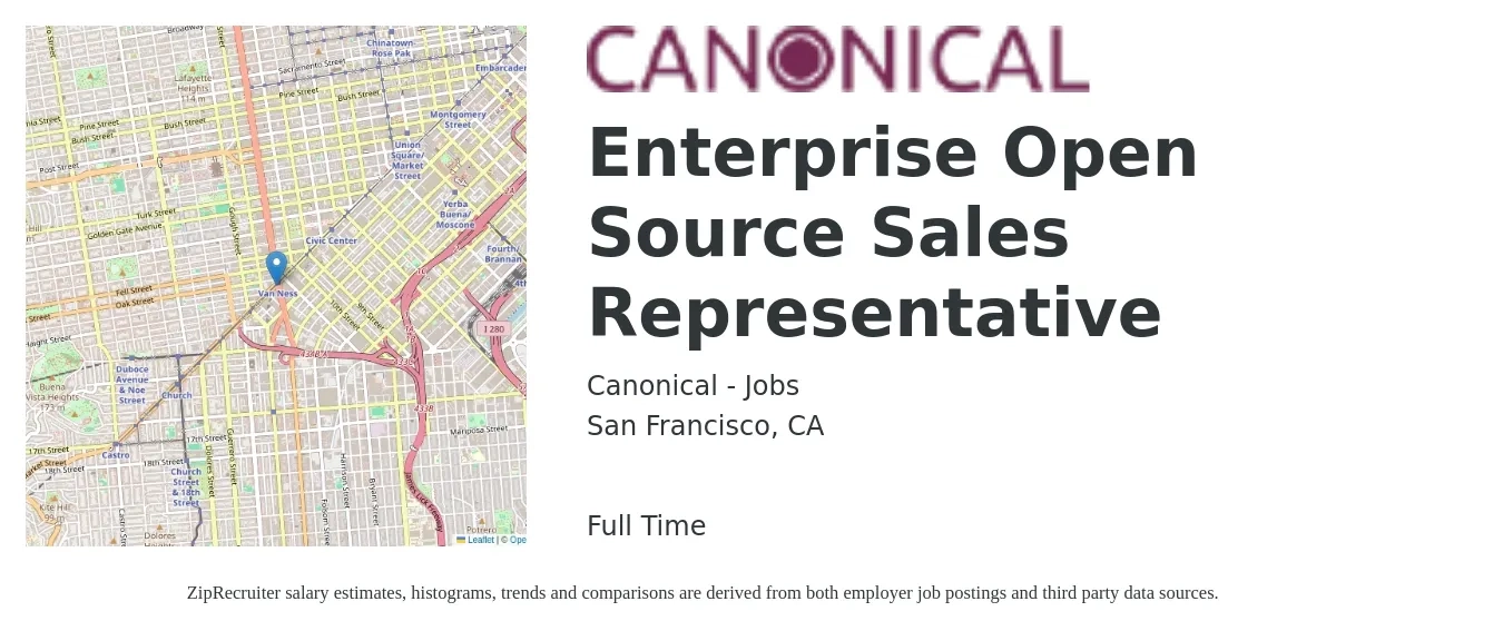 Canonical - Jobs job posting for a Enterprise Open Source Sales Representative in San Francisco, CA with a salary of $63,000 to $109,600 Yearly with a map of San Francisco location.