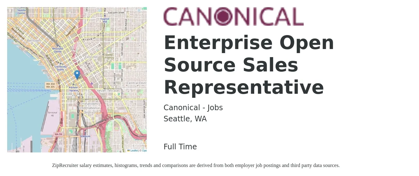 Canonical - Jobs job posting for a Enterprise Open Source Sales Representative in Seattle, WA with a salary of $60,900 to $105,800 Yearly with a map of Seattle location.