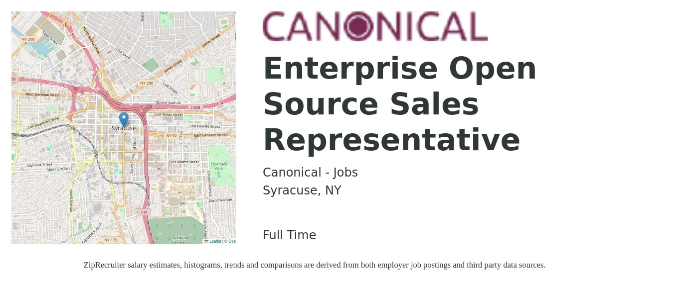 Canonical - Jobs job posting for a Enterprise Open Source Sales Representative in Syracuse, NY with a salary of $52,900 to $91,900 Yearly with a map of Syracuse location.