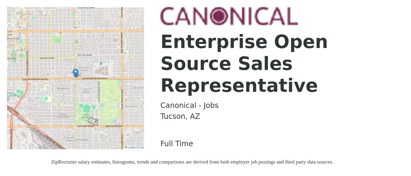 Canonical - Jobs job posting for a Enterprise Open Source Sales Representative in Tucson, AZ with a salary of $50,600 to $87,900 Yearly with a map of Tucson location.