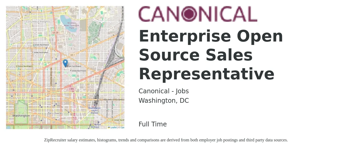 Canonical - Jobs job posting for a Enterprise Open Source Sales Representative in Washington, DC with a salary of $60,600 to $105,300 Yearly with a map of Washington location.