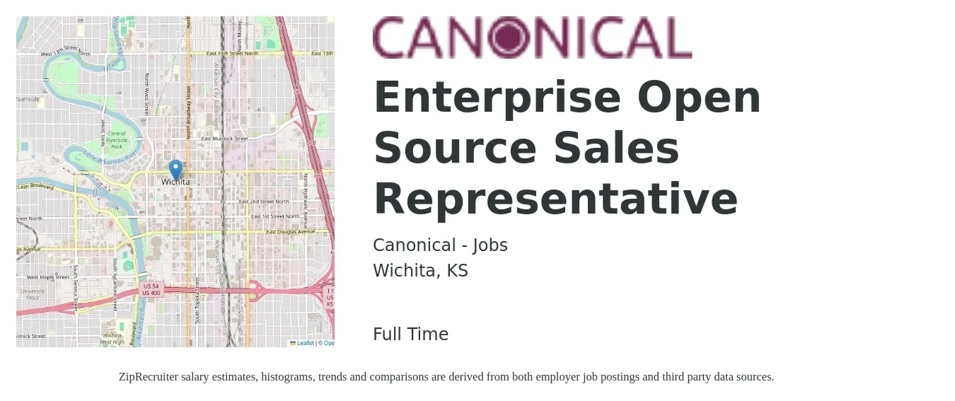 Canonical - Jobs job posting for a Enterprise Open Source Sales Representative in Wichita, KS with a salary of $47,900 to $83,200 Yearly with a map of Wichita location.