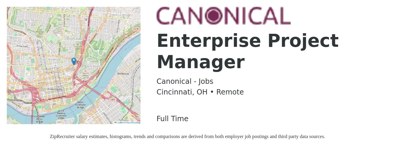 Canonical - Jobs job posting for a Enterprise Project Manager in Cincinnati, OH with a salary of $48 to $73 Hourly with a map of Cincinnati location.