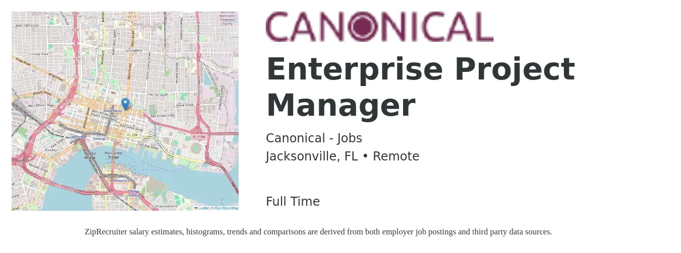 Canonical - Jobs job posting for a Enterprise Project Manager in Jacksonville, FL with a salary of $46 to $70 Hourly with a map of Jacksonville location.