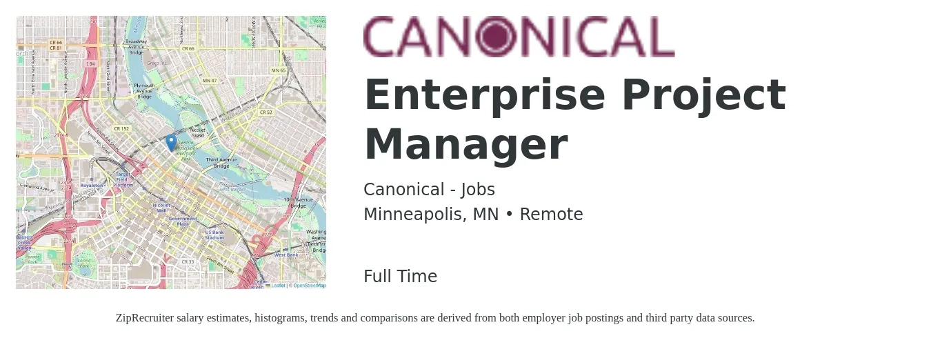 Canonical - Jobs job posting for a Enterprise Project Manager in Minneapolis, MN with a salary of $52 to $79 Hourly with a map of Minneapolis location.