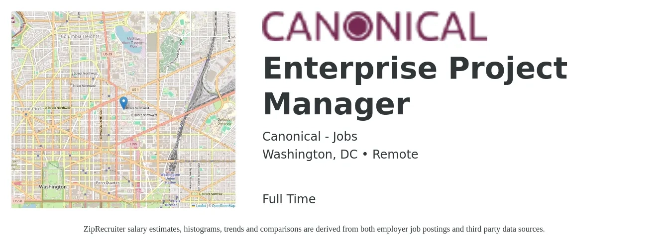 Canonical - Jobs job posting for a Enterprise Project Manager in Washington, DC with a salary of $57 to $86 Hourly with a map of Washington location.