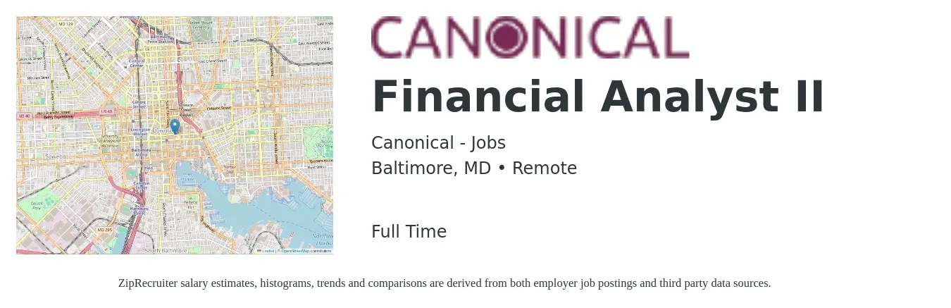 Canonical - Jobs job posting for a Financial Analyst II in Baltimore, MD with a salary of $69,600 to $109,800 Yearly with a map of Baltimore location.