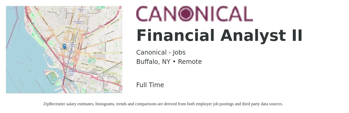 Canonical - Jobs job posting for a Financial Analyst II in Buffalo, NY with a salary of $67,800 to $107,000 Yearly with a map of Buffalo location.