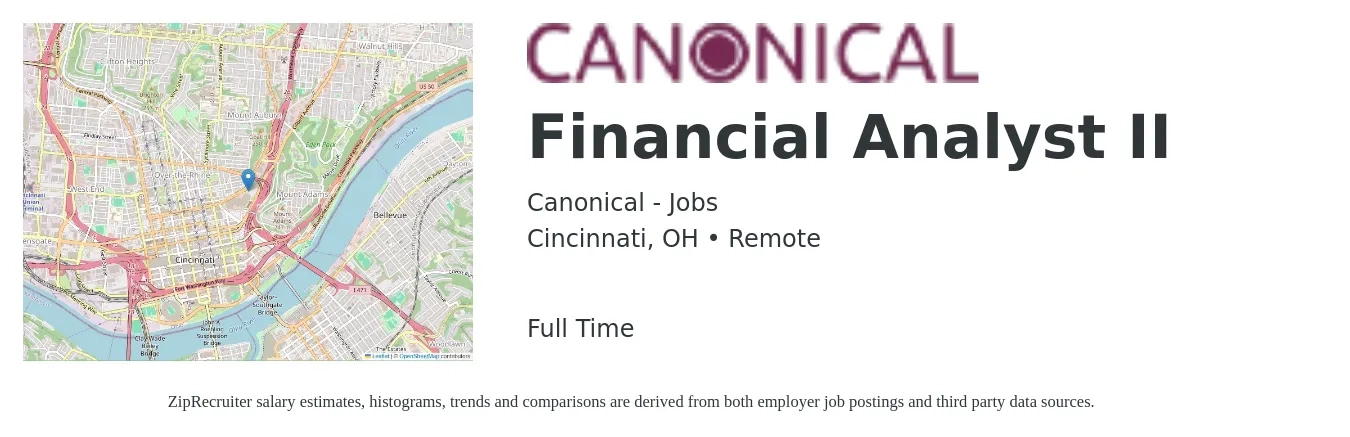 Canonical - Jobs job posting for a Financial Analyst II in Cincinnati, OH with a salary of $67,200 to $106,000 Yearly with a map of Cincinnati location.