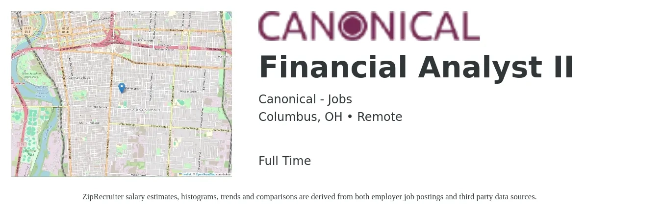 Canonical - Jobs job posting for a Financial Analyst II in Columbus, OH with a salary of $67,600 to $106,700 Yearly with a map of Columbus location.