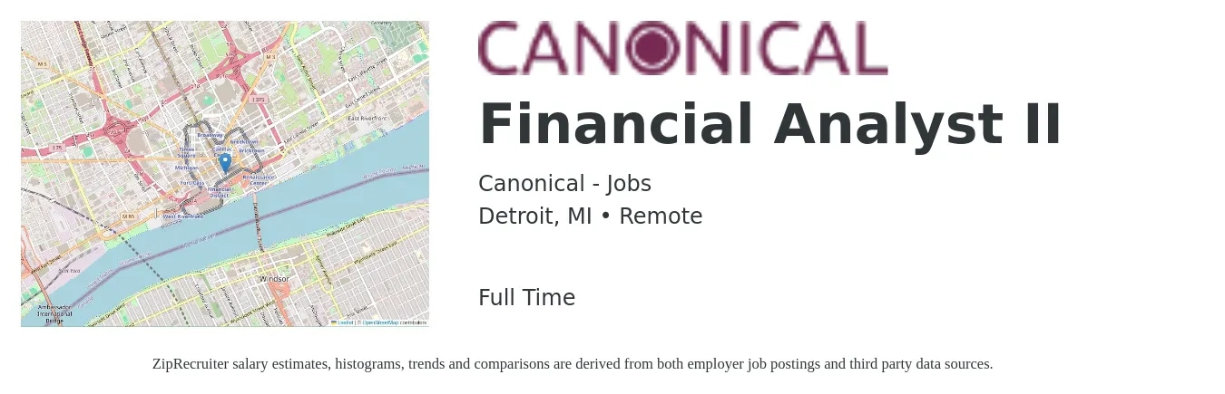 Canonical - Jobs job posting for a Financial Analyst II in Detroit, MI with a salary of $69,300 to $109,400 Yearly with a map of Detroit location.