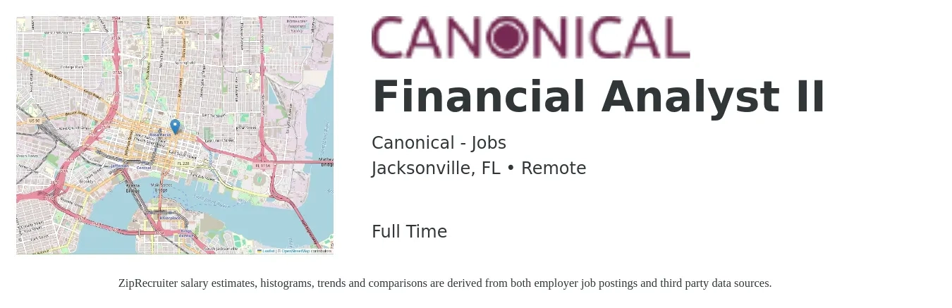 Canonical - Jobs job posting for a Financial Analyst II in Jacksonville, FL with a salary of $64,900 to $102,400 Yearly with a map of Jacksonville location.