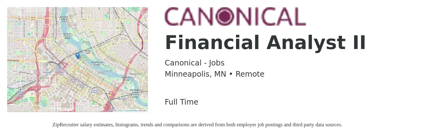 Canonical - Jobs job posting for a Financial Analyst II in Minneapolis, MN with a salary of $73,100 to $115,300 Yearly with a map of Minneapolis location.