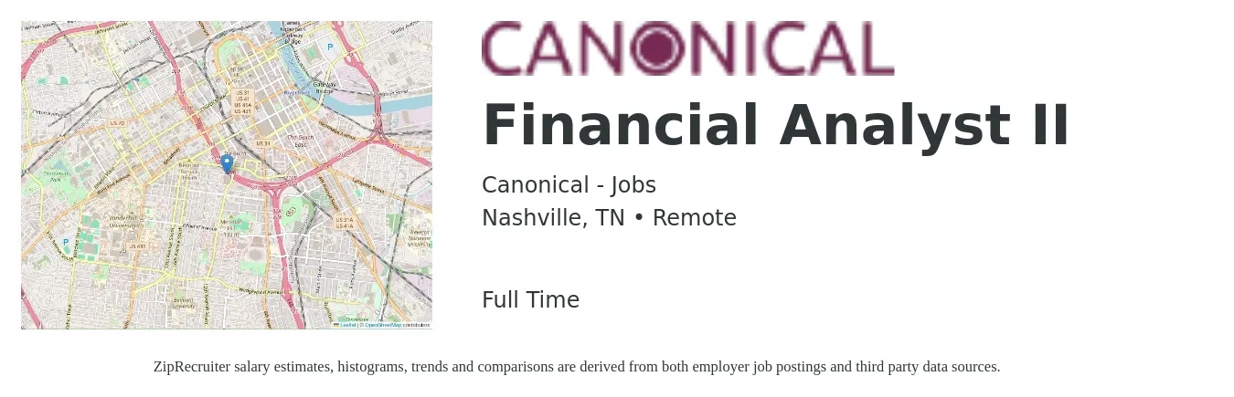 Canonical - Jobs job posting for a Financial Analyst II in Nashville, TN with a salary of $67,600 to $106,700 Yearly with a map of Nashville location.
