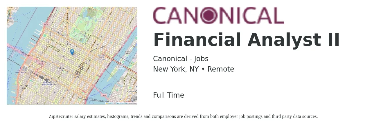 Canonical - Jobs job posting for a Financial Analyst II in New York, NY with a salary of $76,600 to $120,900 Yearly with a map of New York location.