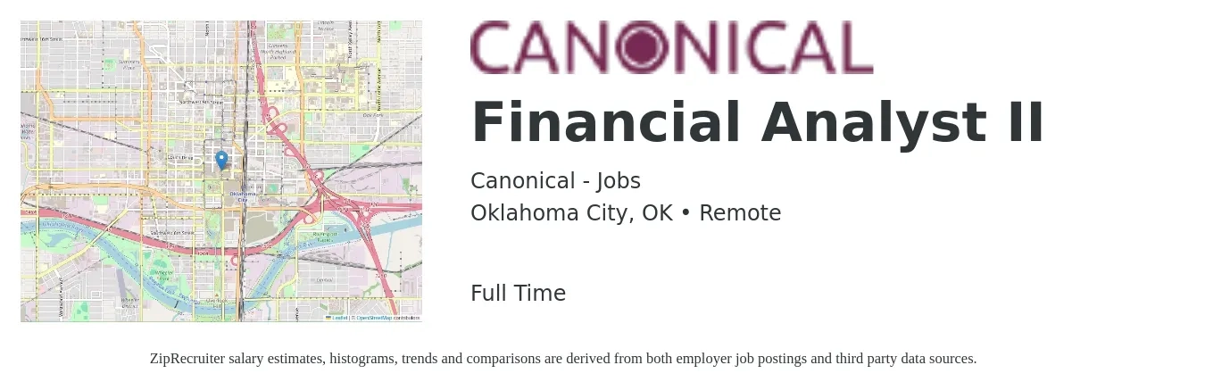 Canonical - Jobs job posting for a Financial Analyst II in Oklahoma City, OK with a salary of $65,000 to $102,600 Yearly with a map of Oklahoma City location.