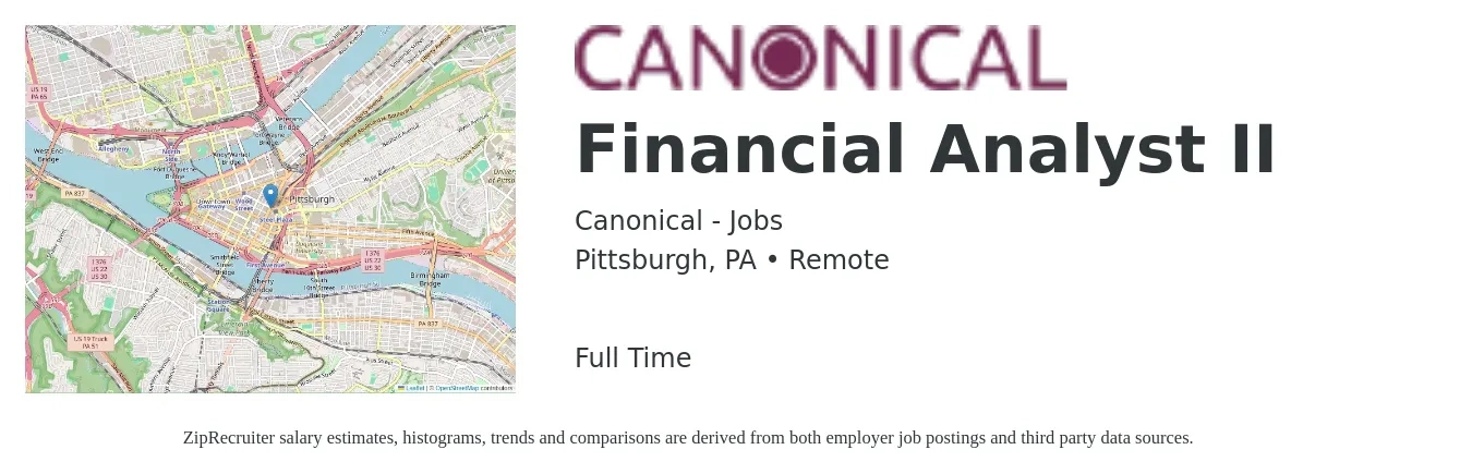 Canonical - Jobs job posting for a Financial Analyst II in Pittsburgh, PA with a salary of $68,000 to $107,300 Yearly with a map of Pittsburgh location.