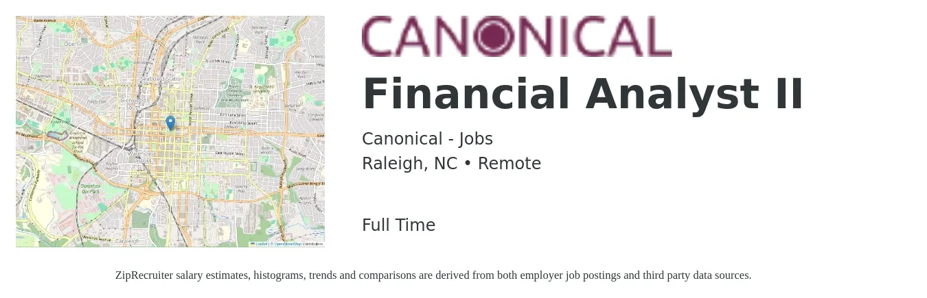 Canonical - Jobs job posting for a Financial Analyst II in Raleigh, NC with a salary of $68,000 to $107,400 Yearly with a map of Raleigh location.