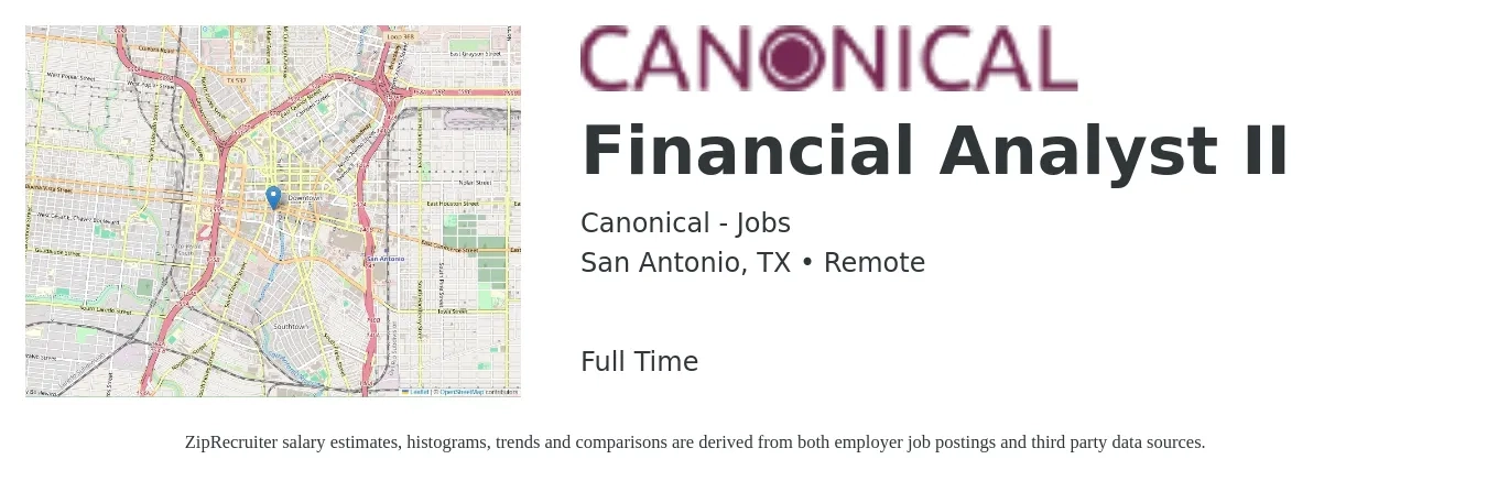 Canonical - Jobs job posting for a Financial Analyst II in San Antonio, TX with a salary of $63,100 to $99,700 Yearly with a map of San Antonio location.