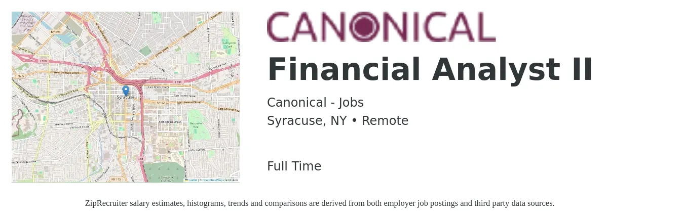 Canonical - Jobs job posting for a Financial Analyst II in Syracuse, NY with a salary of $69,200 to $109,200 Yearly with a map of Syracuse location.
