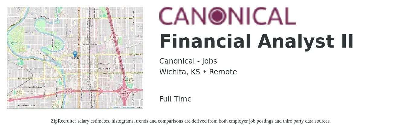 Canonical - Jobs job posting for a Financial Analyst II in Wichita, KS with a salary of $62,600 to $98,900 Yearly with a map of Wichita location.