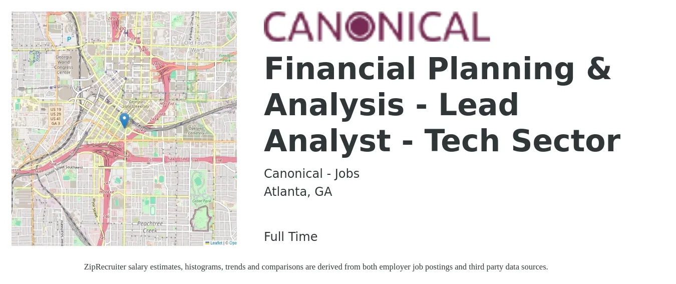 Canonical - Jobs job posting for a Financial Planning & Analysis - Lead Analyst - Tech Sector in Atlanta, GA with a salary of $68,800 to $103,400 Yearly with a map of Atlanta location.