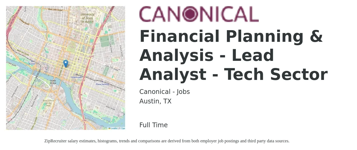 Canonical - Jobs job posting for a Financial Planning & Analysis - Lead Analyst - Tech Sector in Austin, TX with a salary of $70,900 to $106,600 Yearly with a map of Austin location.