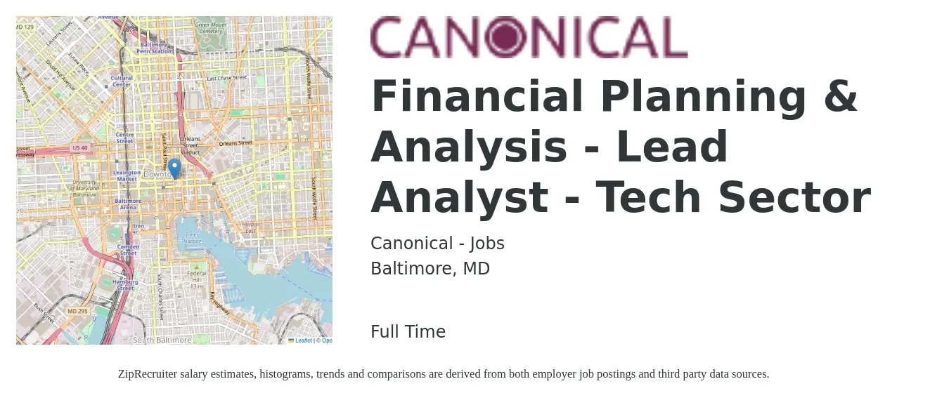 Canonical - Jobs job posting for a Financial Planning & Analysis - Lead Analyst - Tech Sector in Baltimore, MD with a salary of $71,000 to $106,800 Yearly with a map of Baltimore location.