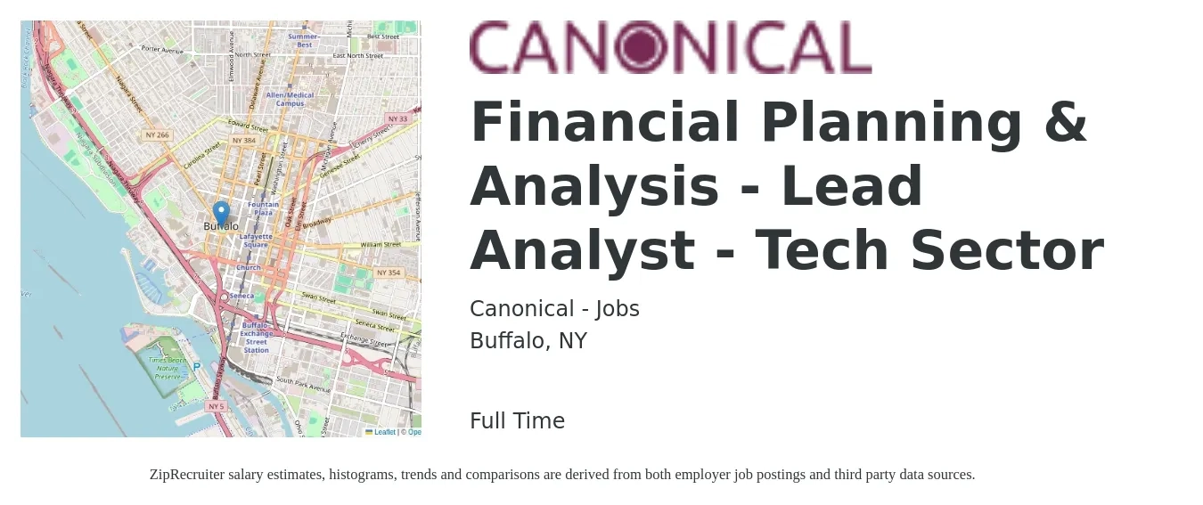 Canonical - Jobs job posting for a Financial Planning & Analysis - Lead Analyst - Tech Sector in Buffalo, NY with a salary of $69,300 to $104,100 Yearly with a map of Buffalo location.