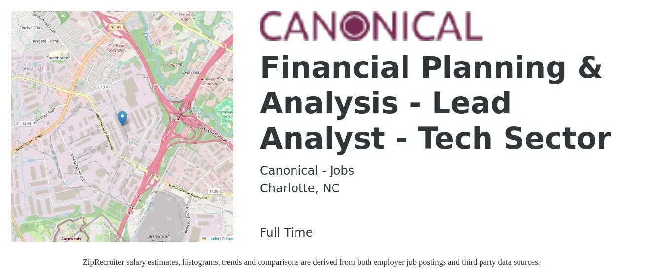 Canonical - Jobs job posting for a Financial Planning & Analysis - Lead Analyst - Tech Sector in Charlotte, NC with a salary of $69,800 to $105,000 Yearly with a map of Charlotte location.