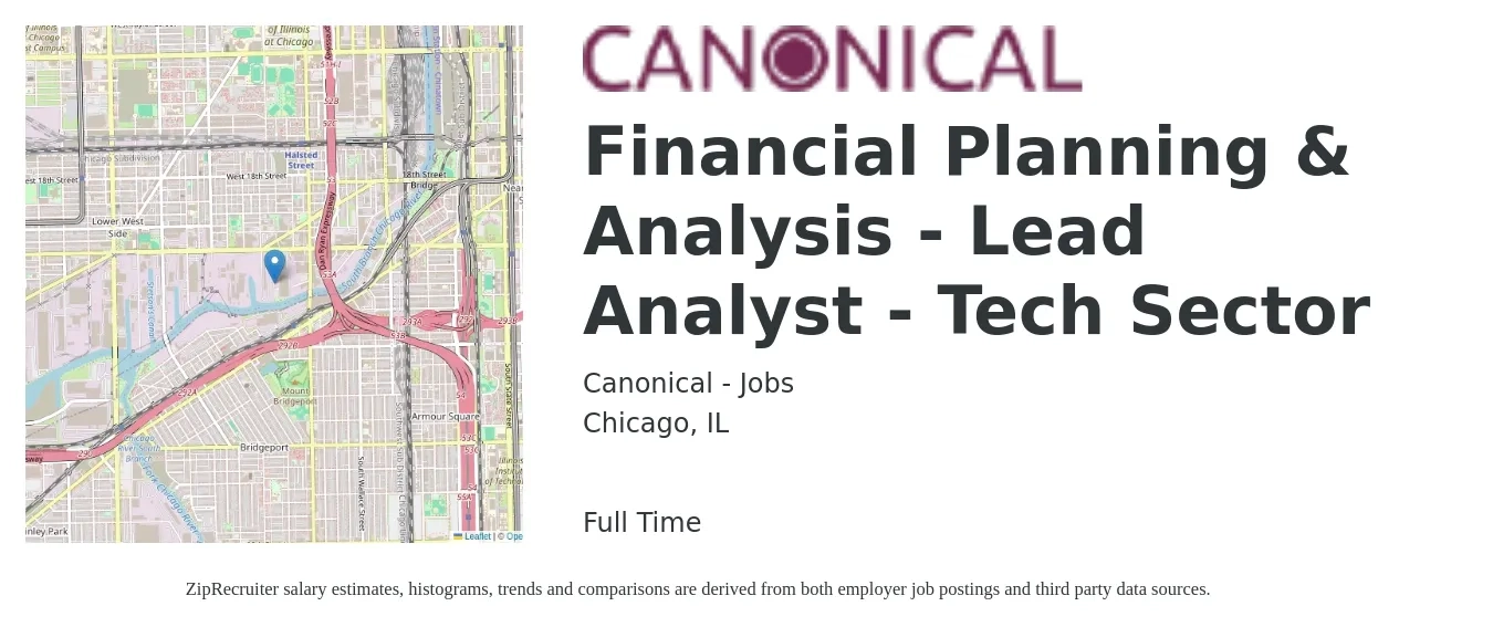 Canonical - Jobs job posting for a Financial Planning & Analysis - Lead Analyst - Tech Sector in Chicago, IL with a salary of $73,700 to $110,700 Yearly with a map of Chicago location.