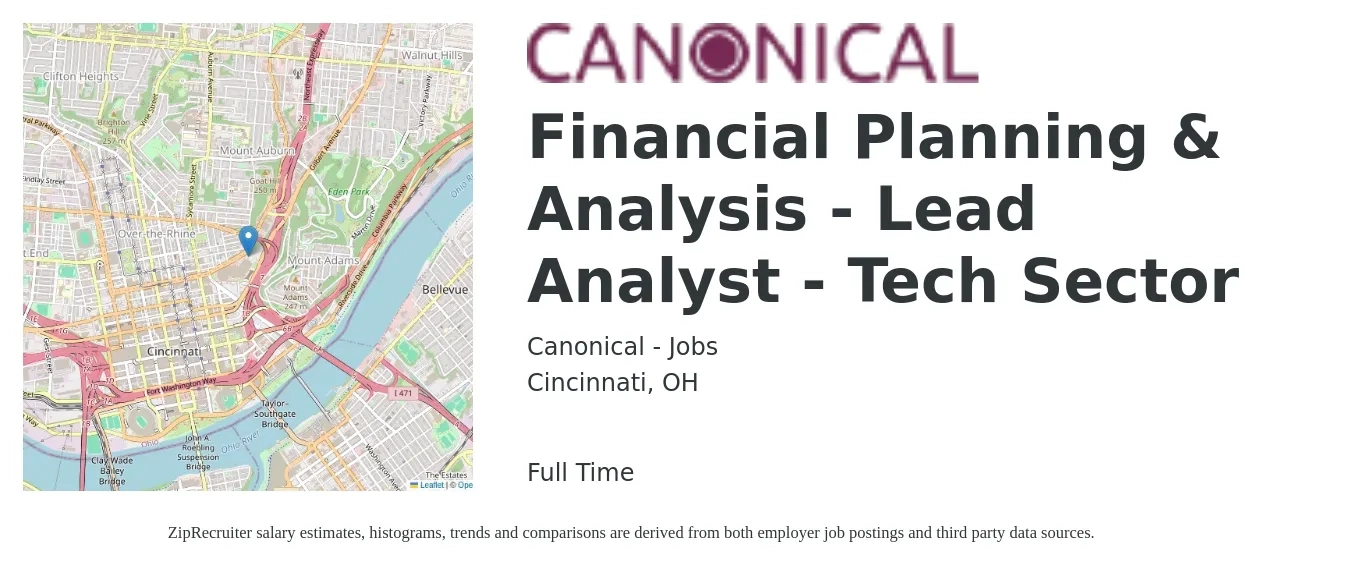 Canonical - Jobs job posting for a Financial Planning & Analysis - Lead Analyst - Tech Sector in Cincinnati, OH with a salary of $68,600 to $103,100 Yearly with a map of Cincinnati location.