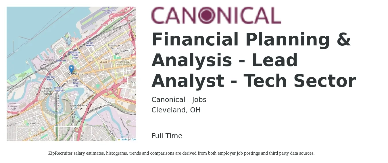 Canonical - Jobs job posting for a Financial Planning & Analysis - Lead Analyst - Tech Sector in Cleveland, OH with a salary of $69,300 to $104,300 Yearly with a map of Cleveland location.
