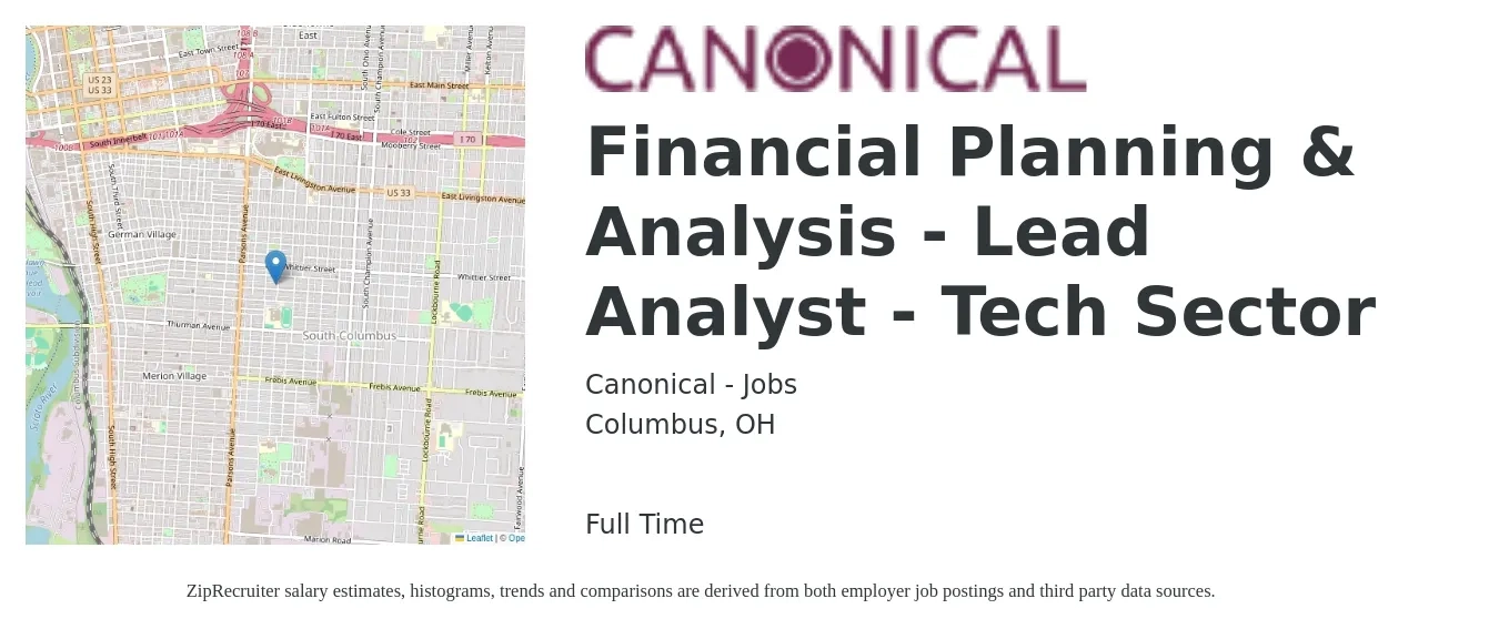Canonical - Jobs job posting for a Financial Planning & Analysis - Lead Analyst - Tech Sector in Columbus, OH with a salary of $69,100 to $103,800 Yearly with a map of Columbus location.
