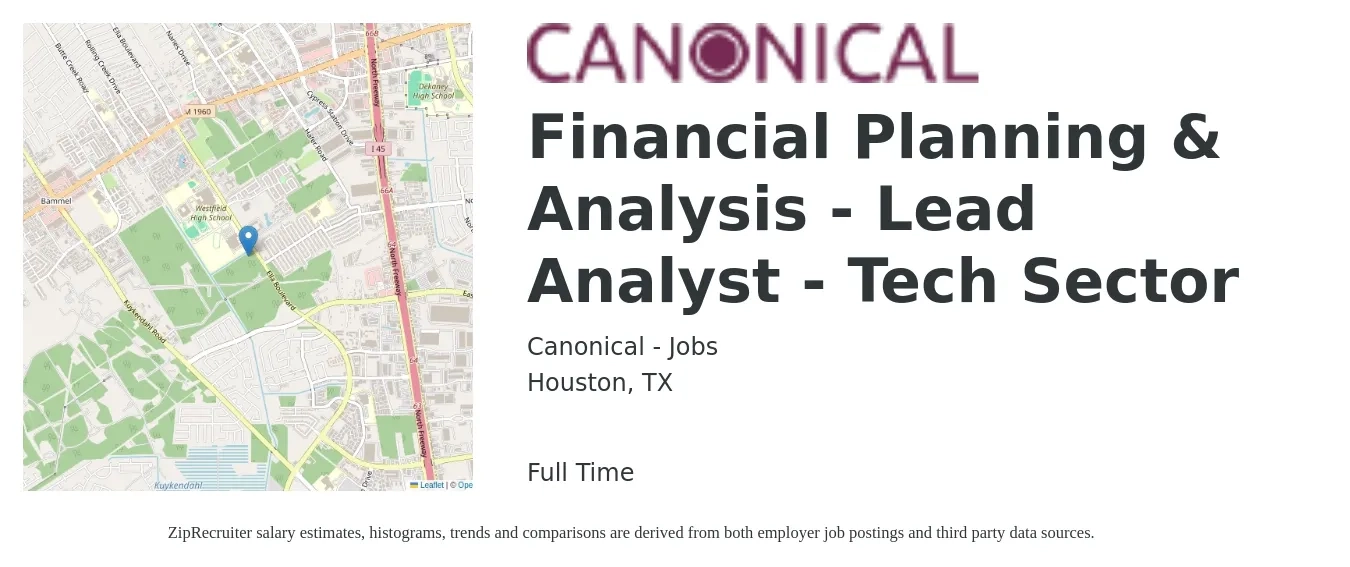 Canonical - Jobs job posting for a Financial Planning & Analysis - Lead Analyst - Tech Sector in Houston, TX with a salary of $68,300 to $102,700 Yearly with a map of Houston location.