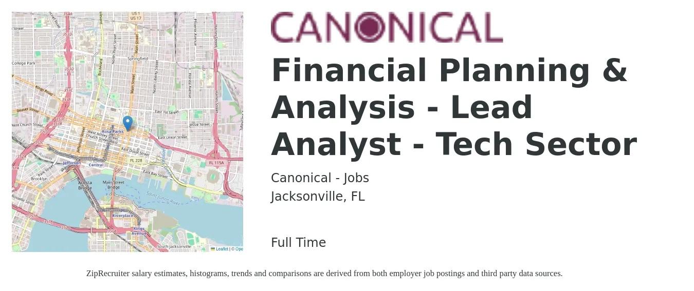 Canonical - Jobs job posting for a Financial Planning & Analysis - Lead Analyst - Tech Sector in Jacksonville, FL with a salary of $66,200 to $99,600 Yearly with a map of Jacksonville location.