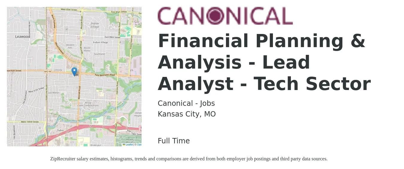Canonical - Jobs job posting for a Financial Planning & Analysis - Lead Analyst - Tech Sector in Kansas City, MO with a salary of $69,800 to $104,900 Yearly with a map of Kansas City location.