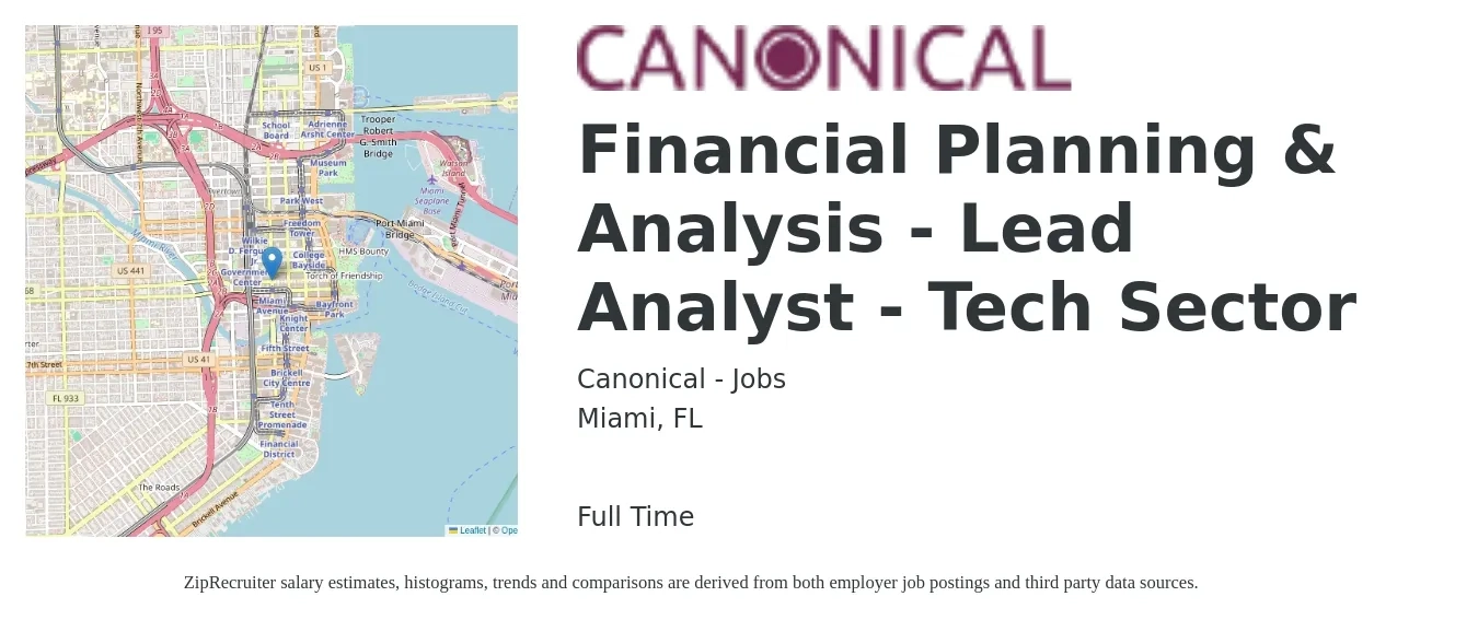 Canonical - Jobs job posting for a Financial Planning & Analysis - Lead Analyst - Tech Sector in Miami, FL with a salary of $68,400 to $102,800 Yearly with a map of Miami location.