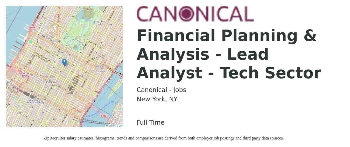 Canonical - Jobs job posting for a Financial Planning & Analysis - Lead Analyst - Tech Sector in New York, NY with a salary of $78,200 to $117,600 Yearly with a map of New York location.