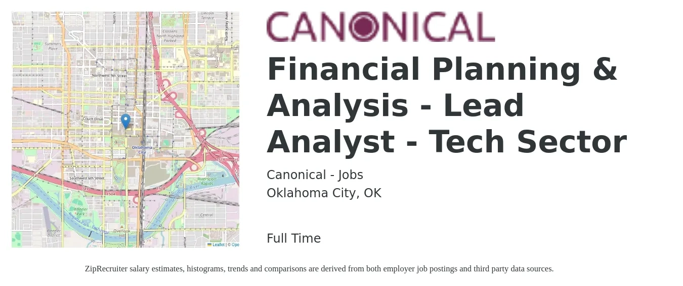 Canonical - Jobs job posting for a Financial Planning & Analysis - Lead Analyst - Tech Sector in Oklahoma City, OK with a salary of $66,400 to $99,900 Yearly with a map of Oklahoma City location.