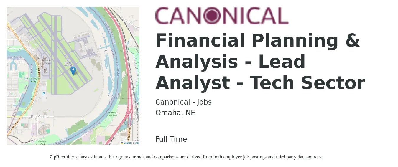 Canonical - Jobs job posting for a Financial Planning & Analysis - Lead Analyst - Tech Sector in Omaha, NE with a salary of $68,400 to $102,800 Yearly with a map of Omaha location.