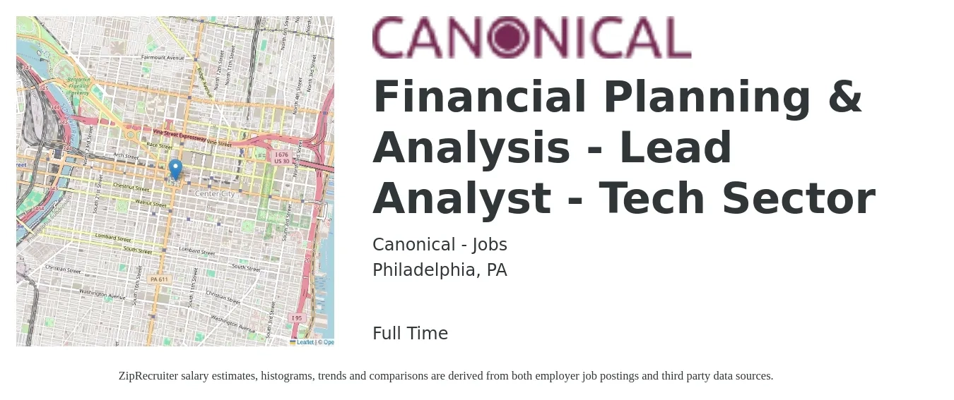 Canonical - Jobs job posting for a Financial Planning & Analysis - Lead Analyst - Tech Sector in Philadelphia, PA with a salary of $72,100 to $108,500 Yearly with a map of Philadelphia location.