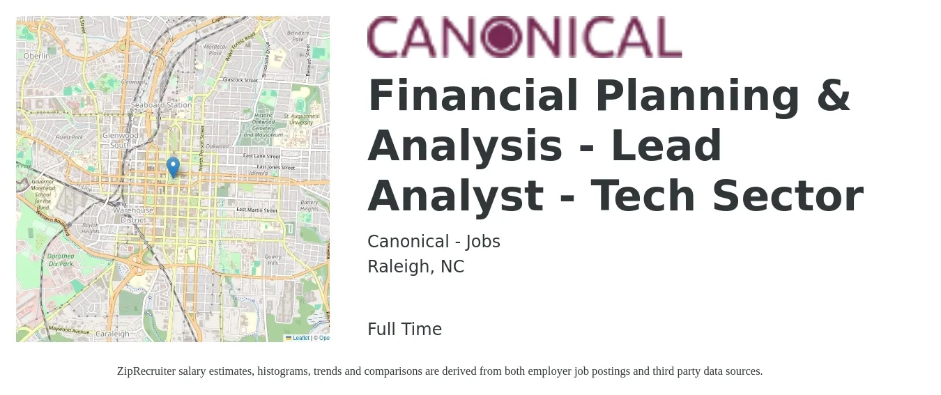 Canonical - Jobs job posting for a Financial Planning & Analysis - Lead Analyst - Tech Sector in Raleigh, NC with a salary of $69,500 to $104,500 Yearly with a map of Raleigh location.