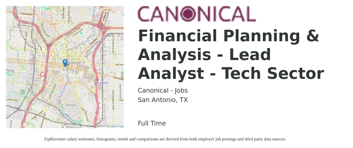 Canonical - Jobs job posting for a Financial Planning & Analysis - Lead Analyst - Tech Sector in San Antonio, TX with a salary of $64,500 to $97,000 Yearly with a map of San Antonio location.