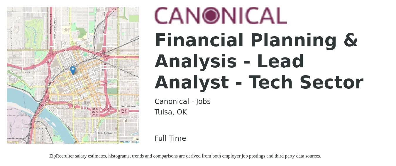 Canonical - Jobs job posting for a Financial Planning & Analysis - Lead Analyst - Tech Sector in Tulsa, OK with a salary of $65,300 to $98,200 Yearly with a map of Tulsa location.
