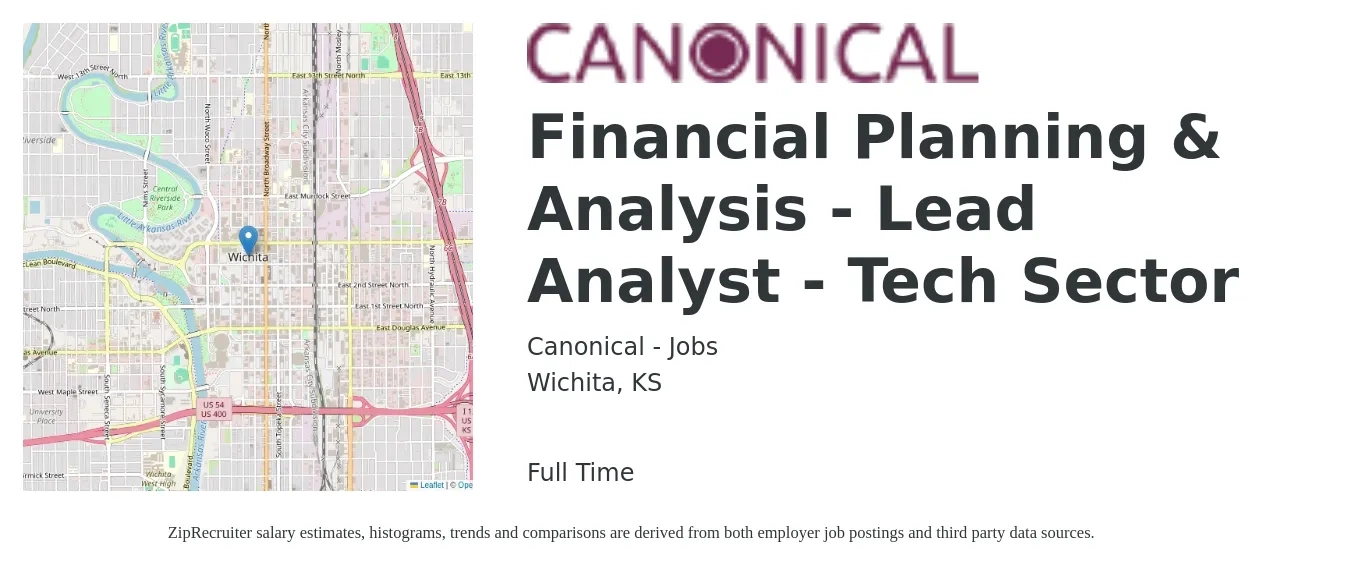 Canonical - Jobs job posting for a Financial Planning & Analysis - Lead Analyst - Tech Sector in Wichita, KS with a salary of $64,000 to $96,200 Yearly with a map of Wichita location.