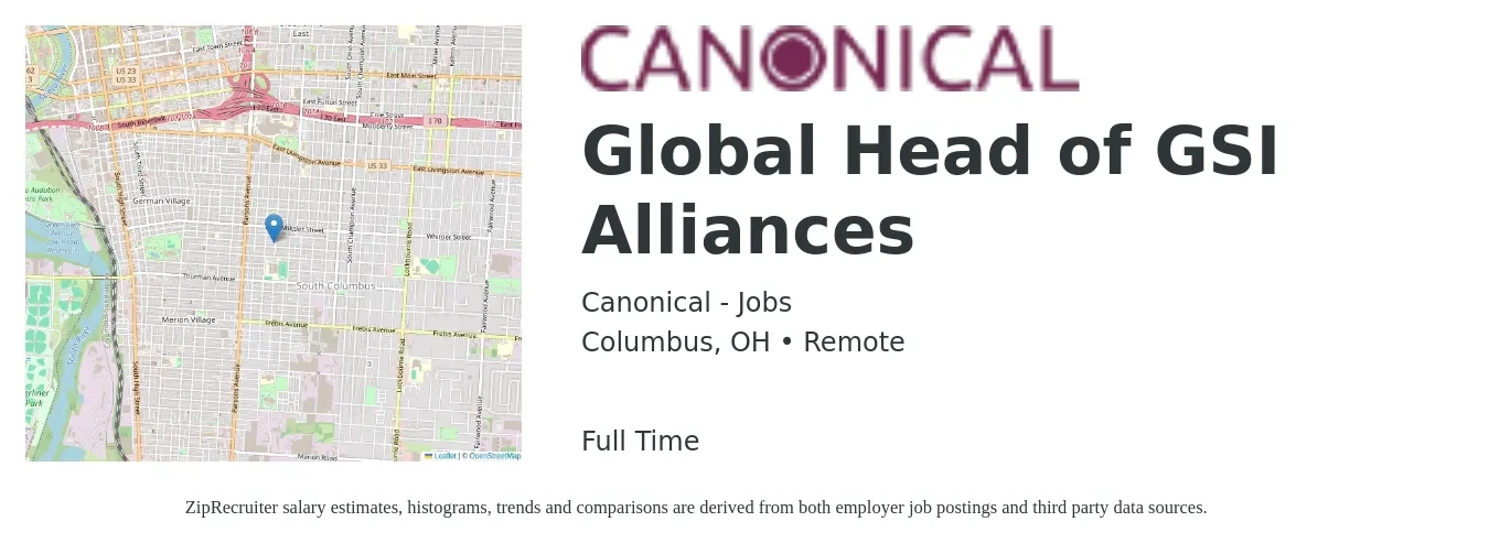 Canonical - Jobs job posting for a Global Head of GSI Alliances in Columbus, OH with a salary of $85,000 to $177,200 Yearly with a map of Columbus location.