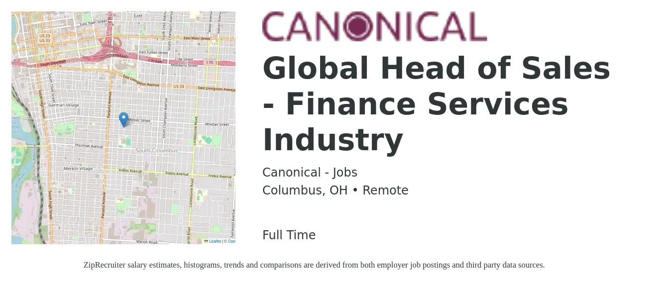 Canonical - Jobs job posting for a Global Head of Sales - Finance Services Industry in Columbus, OH with a salary of $120,700 to $188,400 Yearly with a map of Columbus location.